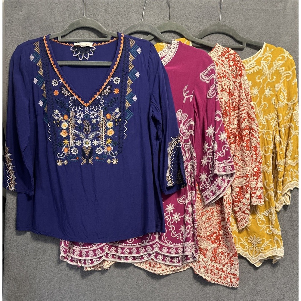 Lot of 4 Solitaire Boho Embroidered Floral Top Womens Small Peasant Festival